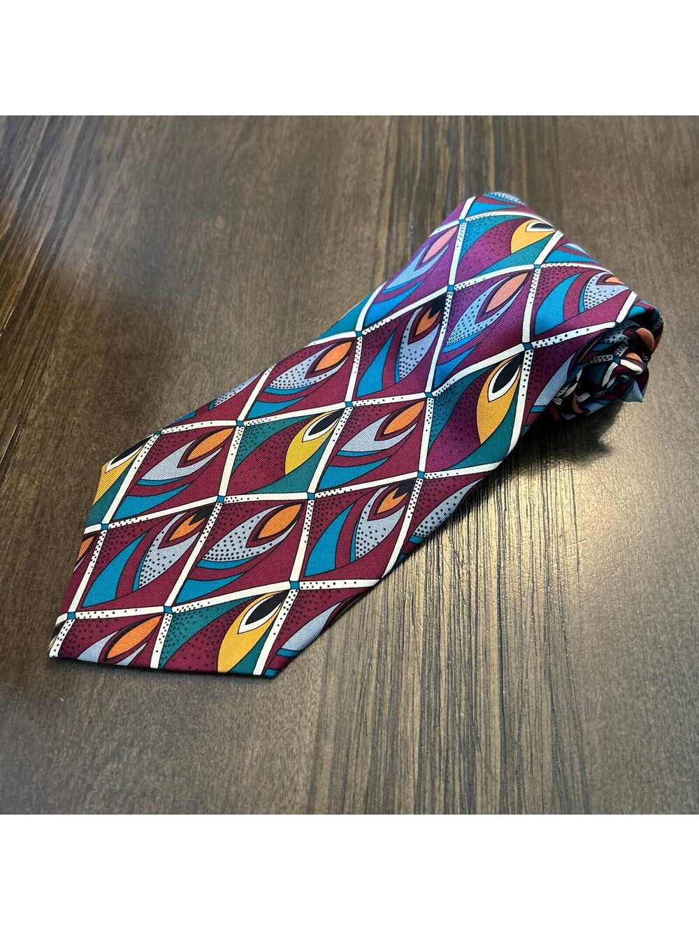Vintage Y2K 90s Albert Nipon Men’s Silk Tie Abstract Geometric Burgundy Teal